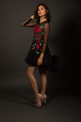 Fototapeta na wymiar Modelo Mexicana Hermosa Muestra diseño en vestido mexicano