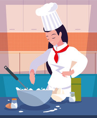 professional chef female in kitchen cooking
