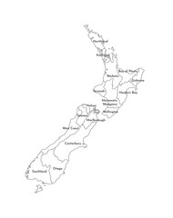 Vector isolated illustration of simplified administrative map of New Zealand. Borders and names of the regions. Black line silhouettes