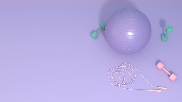 Fitness equipment - ball, dumbbells, jump rope, rug on bright room, studio, training hall. Care of health, body care and figure. Intensive training, pilates, yoga, 3D, render, illustration.