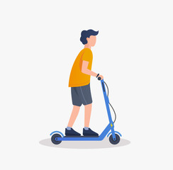 Young man riding electric scooter.