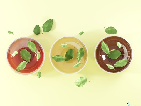 Set of cup with green tea and falling mint leaves on a light background-3d render. Health care and proper nutrition. The illustration is an isolate for tea advertising, presentations and product. 