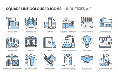 Industries related, square line color vector icon set for applications and website development. The icon set is editable stroke, pixel perfect and 64x64. Crafted with precision and eye for quality.
