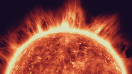 Epic Sun Surface Flare Prominence Solar System. Majestic Sunbeam Solaris Flame Fireball Eruption Outer Space Deep Universe Exploration Concept 3D Animation