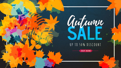 Obraz na płótnie Canvas Autumn big sale watercolor poster with autumn leaves. Autumn background