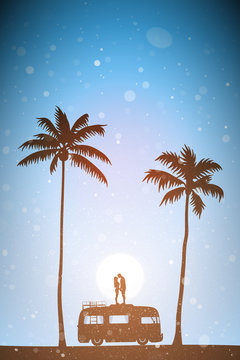 Lovers On Roof Of Cartoon Retro Car At Sunset. Vector Illustration With Silhouette Of Couple On Palm Beach. Family Road Trip. Pastel Background With Sun And Flying Fluff