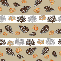 Seamless pattern of shells and coral. Freehand drawing. Marine themed tiles.