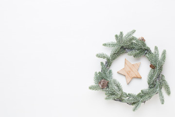 Christmas wreath. Christmas decorations on white background. Flat lay, top view
