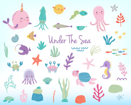 Cute cartoon sea animals and plants. Vector illustration