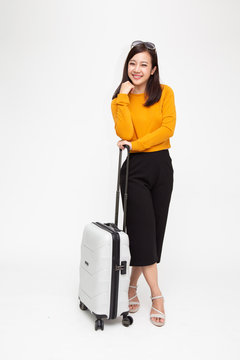 Happy Asian woman girl with suitcase isolated on white background, Travel and tourist concept