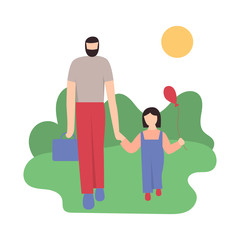 Cute pair of father and daughter spending time together - walking together. Happy fatherhood. Flat cartoon vector illustration