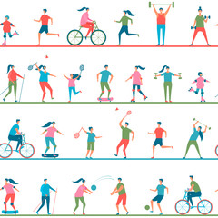 Healthy lifestyle people doing sports seamless pattern