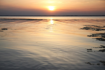 Sunset on the Dnieper river, Ukraine; landscape with sun, orange-purple sky, water and algae