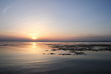 Fototapeta na wymiar Sunset on the Dnieper river, Ukraine; landscape with sun, orange-purple sky, water and algae
