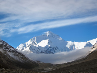 Mount Everest towering above misty clouds  seen from Tibet basecamp, China, Asia