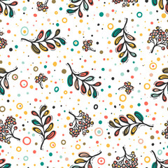 Colorful Autumn Vector Seamless Pattern with Mountain Ash and Rowanberry. Hand Drawn Doodle Rowan Tree Leaves and Berries. Happy Thanksgiving Day Greeting Background