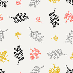 Colorful Autumn Vector Seamless Pattern with Mountain Ash and Rowanberry. Hand Drawn Doodle Rowan Tree Leaves and Berries. Happy Thanksgiving Day Greeting Background
