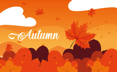 hello autumn poster with landscape and leafs