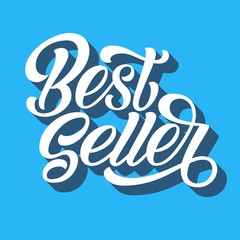 Best seller hand lettering, custom writing letters with 3D shadow on retro blue background, vector type design illustration.