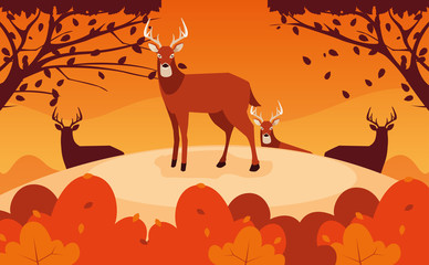 hello autumn poster with group deer in landscape