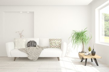 Stylish room in white color with sofa. Scandinavian interior design. 3D illustration