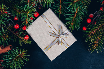 Silver Christmas present with bow and ribbon. Christmas background. Christmas gift box, pine branch and holly on black background.