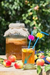 Kombucha drink in a glass jar and a glass with two straws, fermented apples, in the summer garden, on a wooden table.