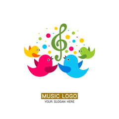 Music logo. A family of birds around a treble clef with colored elements.