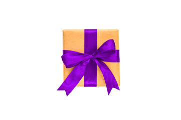 Giftbox tied with purple color ribbon isolated on white. Flat lay style.