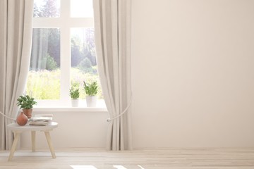 Stylish empty room in white color with summer landscape in window. Scandinavian interior design. 3D illustration