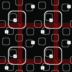 Abstract Black and White Seamless Striped Pattern with Squares. Red Lines Isolated on Black Background.