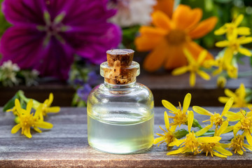 A bottle of essential oil with fresh European goldenrod