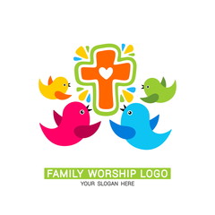 Family worship logo. The family glorifies God, sings to Him glory and praise.