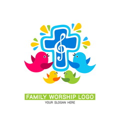 Family worship logo. The family glorifies God, sings to Him glory and praise.
