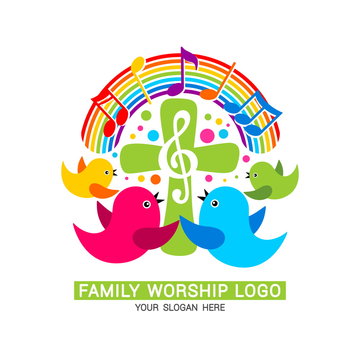 Family worship logo. The family glorifies God, sings to Him glory and praise.