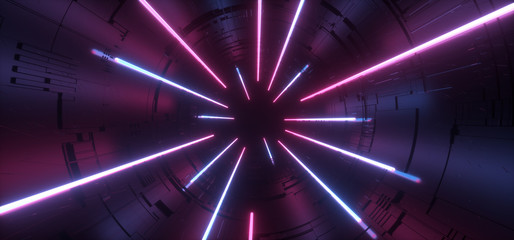 Fototapeta premium Circle Neon Glowing Purple Blue Sci Fi Hi Tech Schemat Płyta główna Futurystyczny Nowoczesny Retro Tunel Ciemna noc Pusta scena Scena Odbicia Wirtualne renderowanie 3D