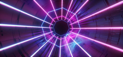 Circle Neon Glowing Purple Blue Sci Fi Hi Tech Schematic Motherboard Futuristic Modern Retro Tunnel Dark Night Empty Scene Stage Reflections Virtual 3D Rendering