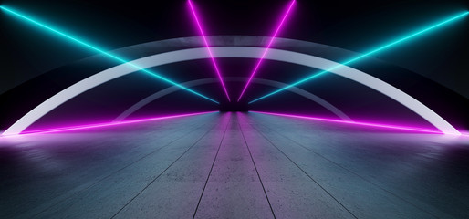 Sci Fi Oval Lines Arc Spaceship Glowing Neon Purple Blue Futuristic Virtual Grunge Concrete Cement Reflective Dark Night Tunnel Corridor Hallway Gate Ceiling Floor 3D Rendering