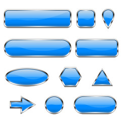 Blue 3d icons. Glass shiny buttons