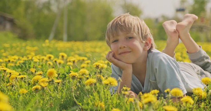Pretty caucasian boy lying on a spring meadow and looks. Happy child lies on camomile field, closeup view. Cute smiling  face of a blond hair boy, on the meadow. Happiness and childhood. Slow motion