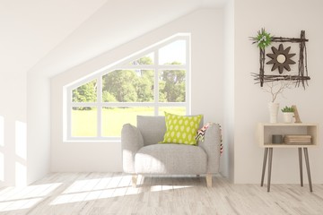 Mock up of stylish room in white color with armchair and green landscape in window. Scandinavian interior design. 3D illustration