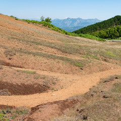 Albanian nature landscape. Sandy hills with rainwater sign on the ground.