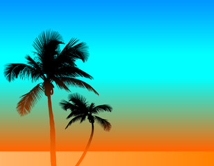 Fototapeta na wymiar A tropical background with two palm trees. A template with room for your text. 