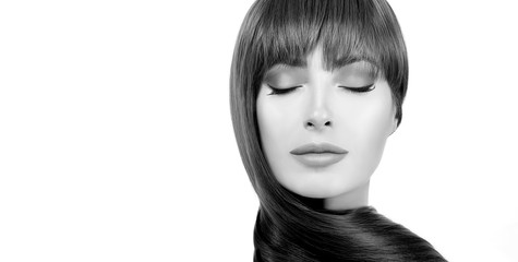 Greyscale hair care banner with a beautiful woman with healthy long hair