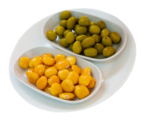 Delicious spanish tapas  from olives and pickled beans