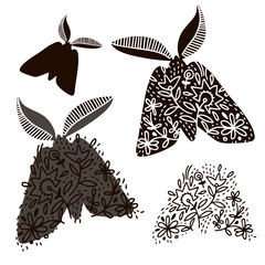 Vector design with night-fly and flowers. Elements isolated on white background. In black and white style. Can be used for printing on paper, stickers, badges, bijouterie, cards, textiles, tattoos.