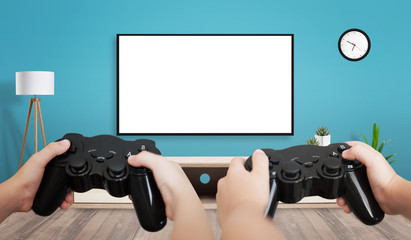 TV mockup for game presentation. Two friends holding gamepads. Isolated TV screen. © Stanisic Vladimir
