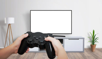 Boy play console game on isolated TV screen, for mockup, game presentation.
