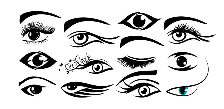 Set of stylized icons and logo of the eyes. The object of the human female eye. Vector illustration