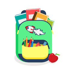 Colorful schoolbag with school supplies. Backpack with zippers isolated on white background. Vector illustration back to school. Eps 10.